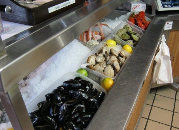 The seafood showcase at the lobster pound, stocked with mussels, clams and crab on ice